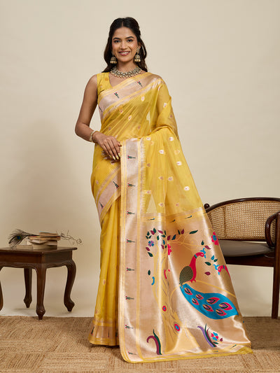 Fabrica Vibe Mustard Yellow Organza Silk Saree with Peacock Pallu & Zari Border