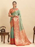 Fabrica Vibe Sea Green & Peach Banarasi Silk Blend Saree with Floral Zari Weaving