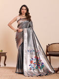 Fabrica Vibe Silver Paithani Art Silk Saree with Multicolor Floral Woven Pallu