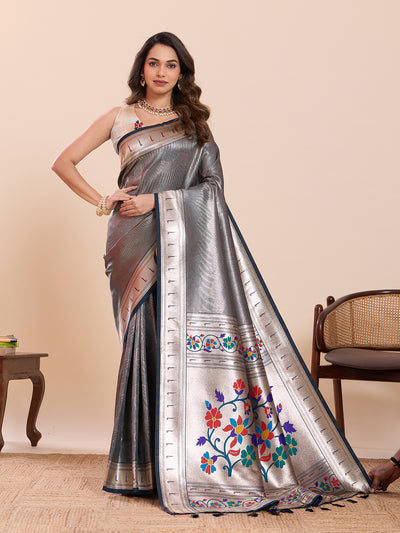 Fabrica Vibe Silver Paithani Art Silk Saree with Multicolor Floral Woven Pallu