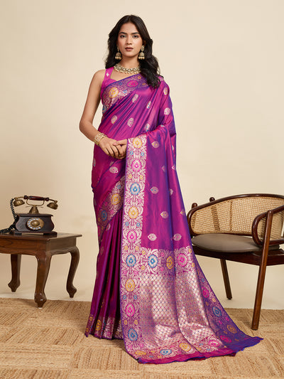 Fabrica Vibe Royal Purple Banarasi Silk Saree with Multicolor Floral Zari Border