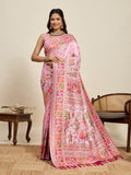 Fabrica Vibe Baby Pink Art Silk Folk Art Printed Saree with Peacock Motifs & Tassel Pallu