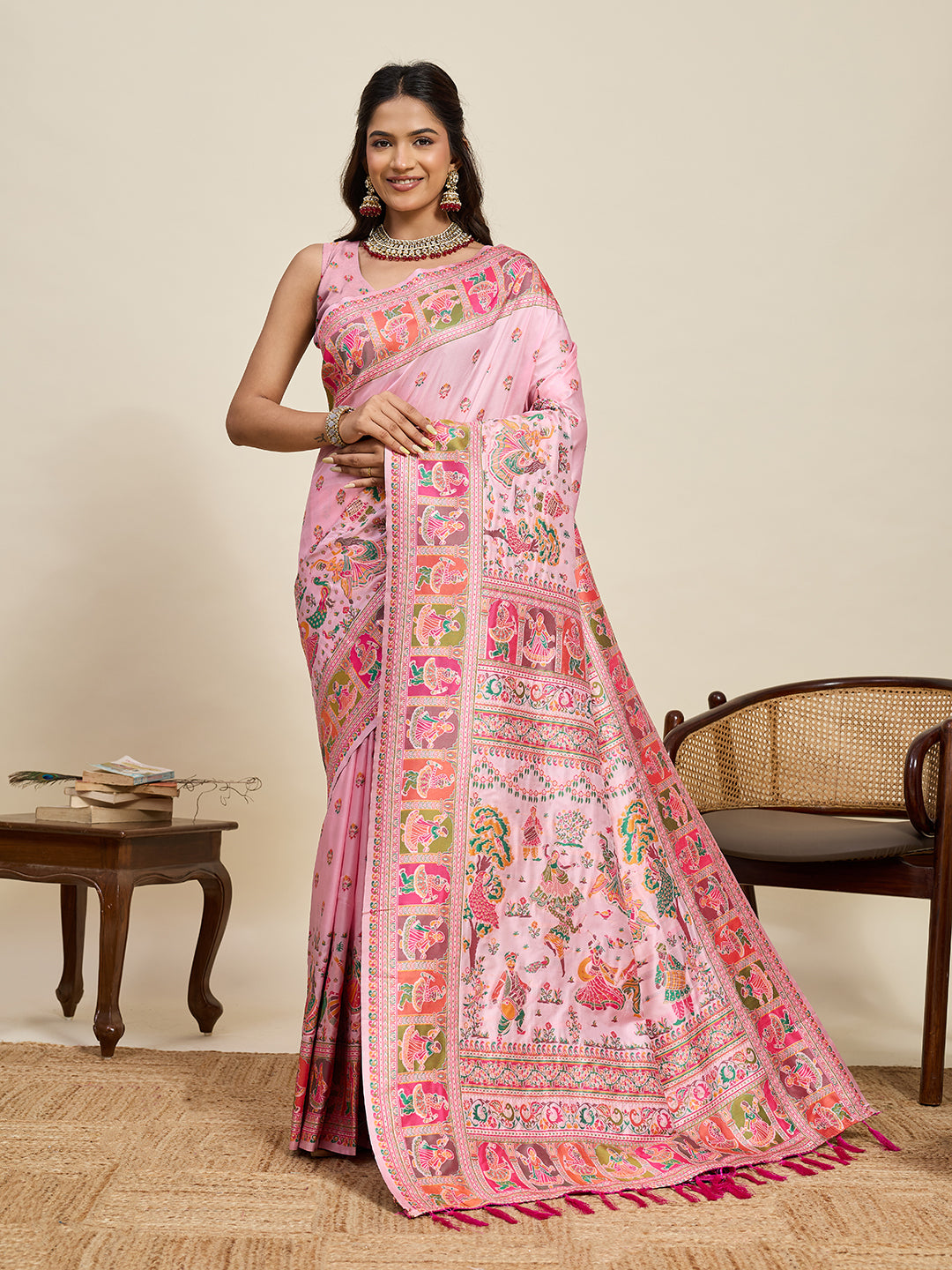 Fabrica Vibe Baby Pink Art Silk Folk Art Printed Saree with Peacock Motifs & Tassel Pallu