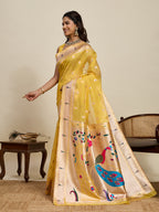 Fabrica Vibe Mustard Yellow Organza Silk Saree with Peacock Pallu & Zari Border