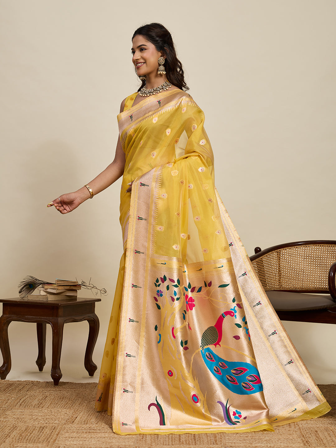 Fabrica Vibe Mustard Yellow Organza Silk Saree with Peacock Pallu & Zari Border
