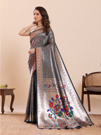 Fabrica Vibe Silver Paithani Art Silk Saree with Multicolor Floral Woven Pallu