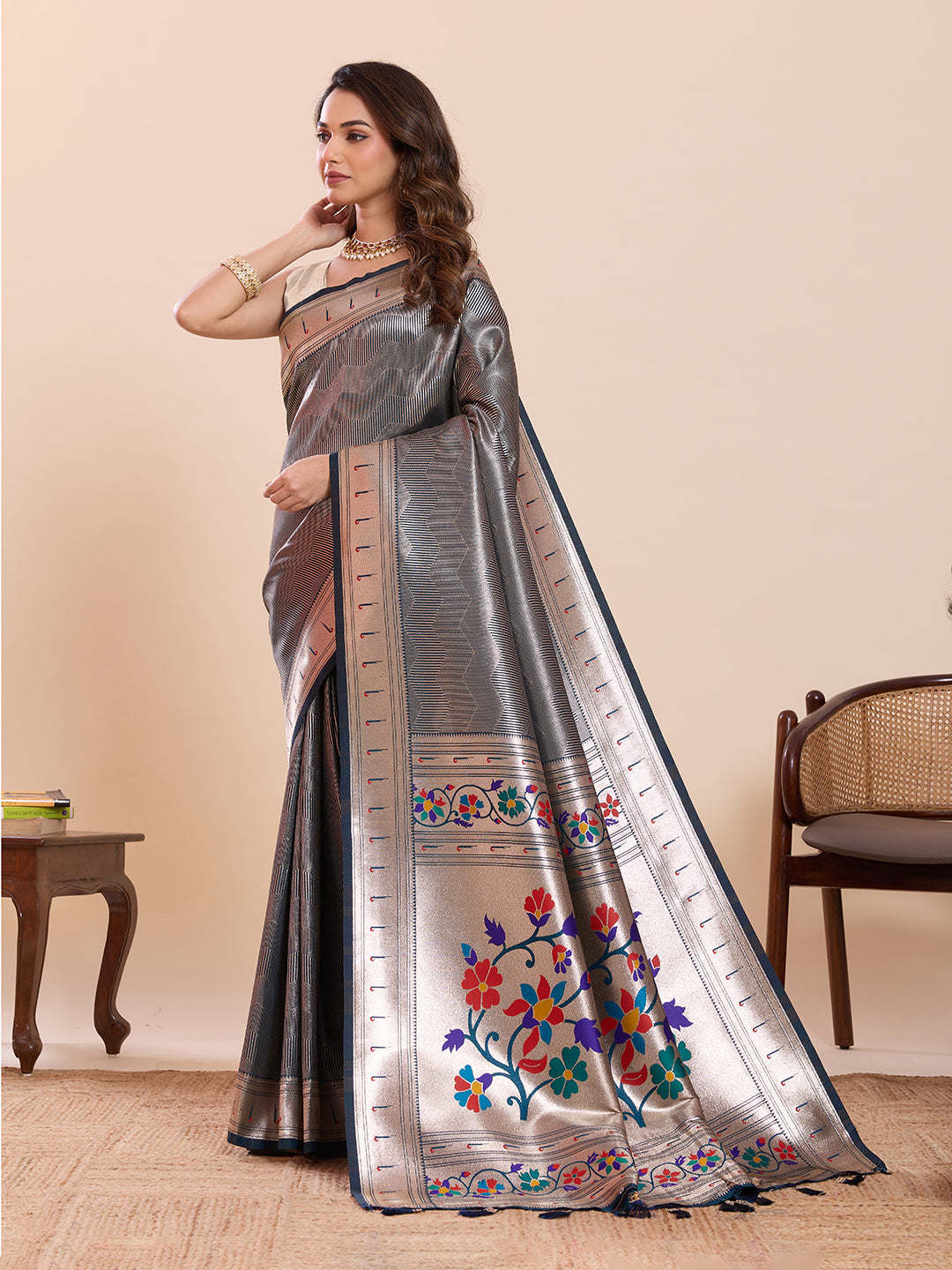 Fabrica Vibe Silver Paithani Art Silk Saree with Multicolor Floral Woven Pallu