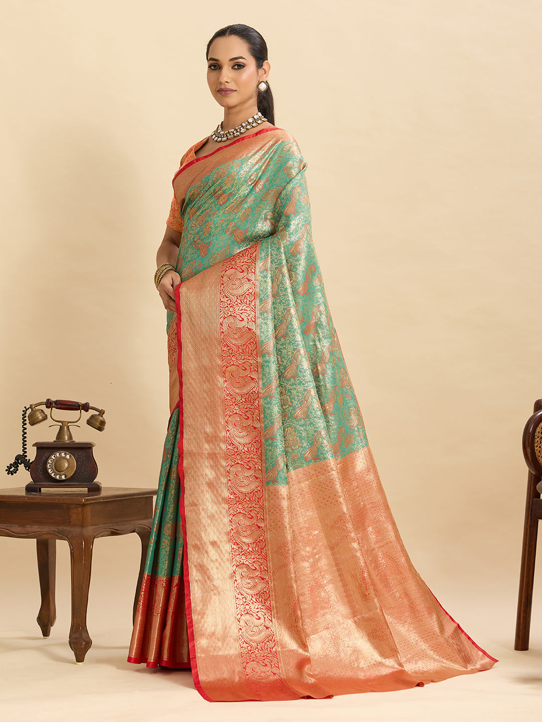 Fabrica Vibe Sea Green & Peach Banarasi Silk Blend Saree with Floral Zari Weaving