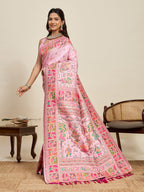 Fabrica Vibe Baby Pink Art Silk Folk Art Printed Saree with Peacock Motifs & Tassel Pallu