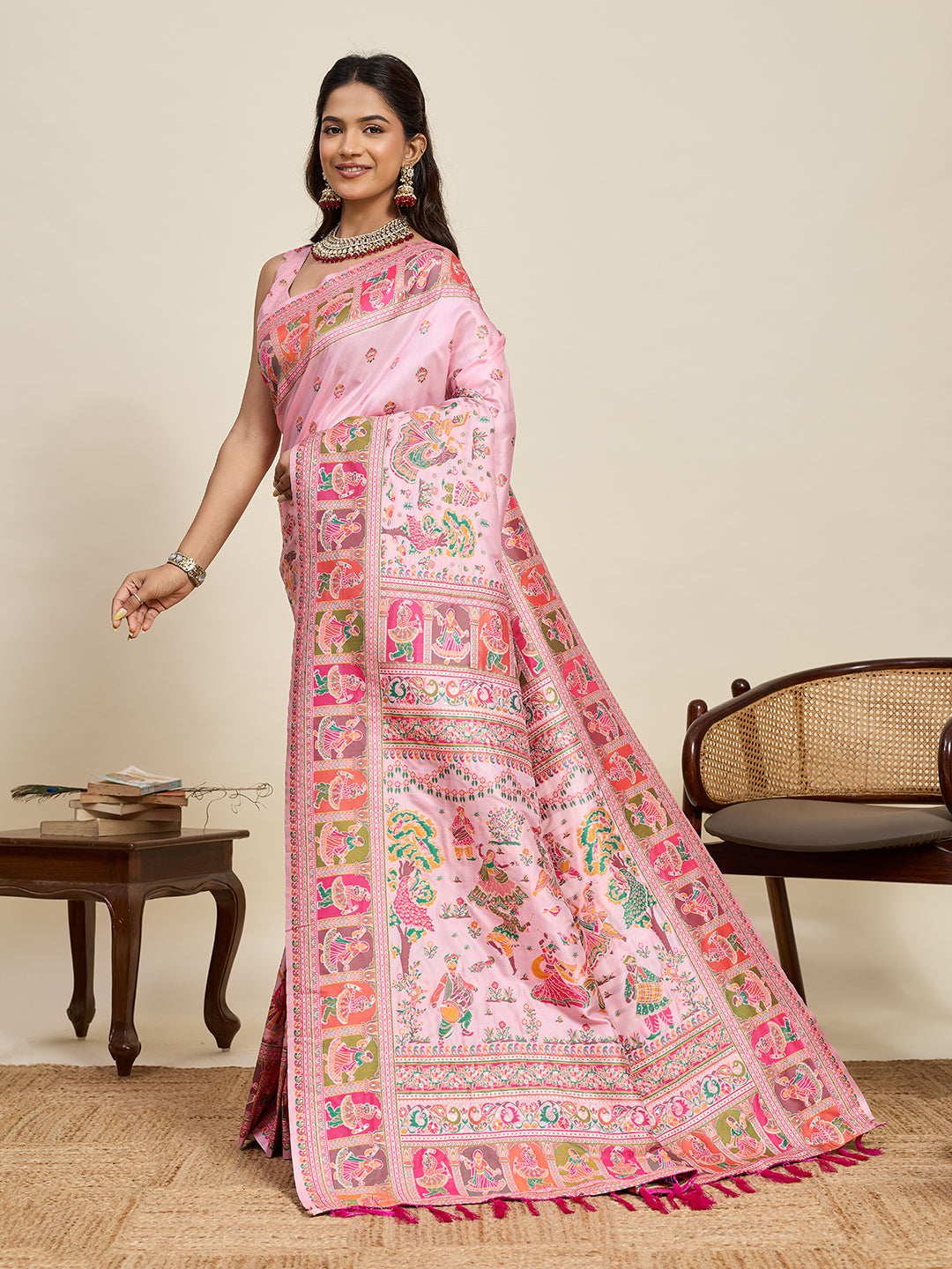 Fabrica Vibe Baby Pink Art Silk Folk Art Printed Saree with Peacock Motifs & Tassel Pallu