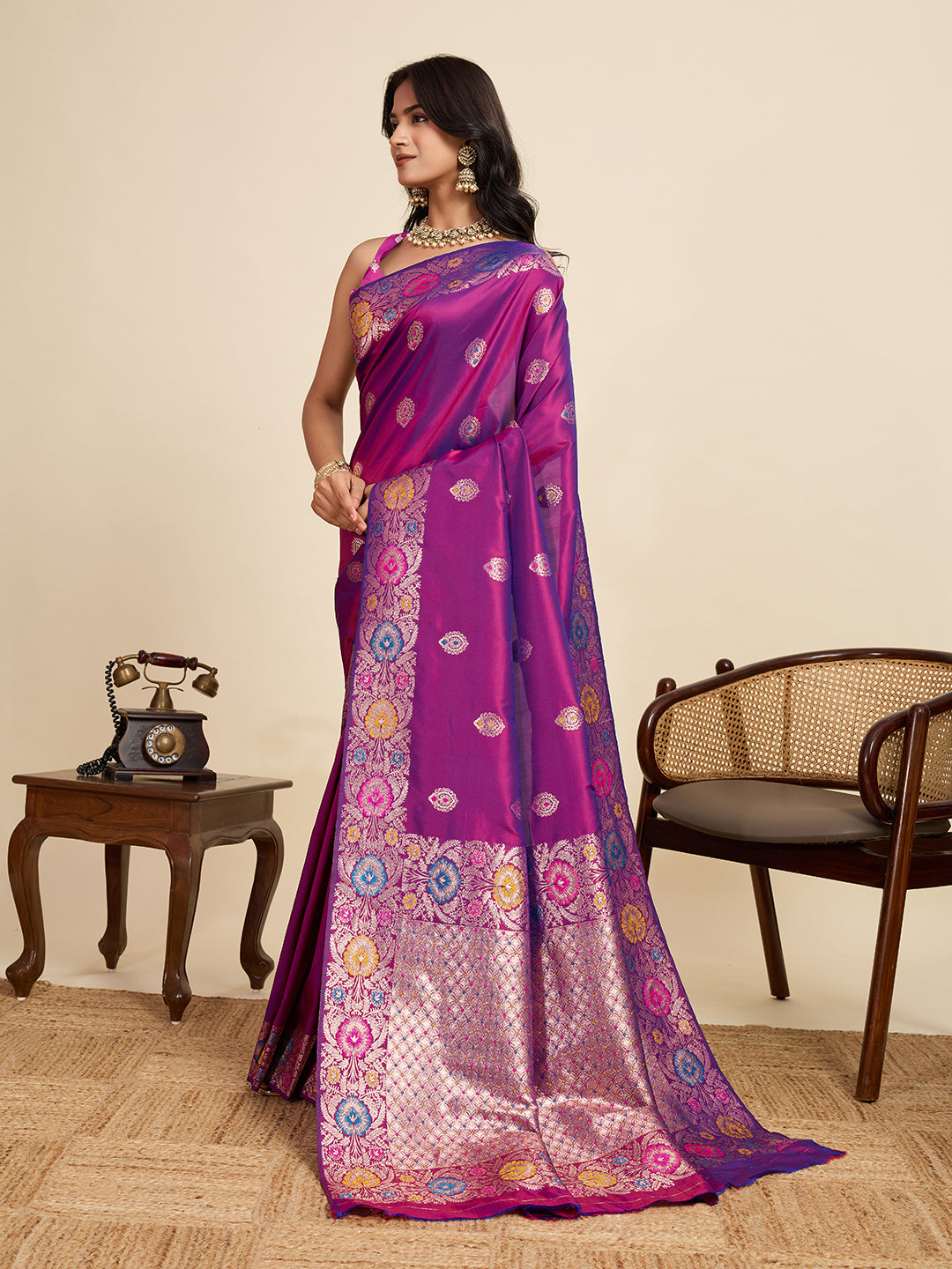 Fabrica Vibe Royal Purple Banarasi Silk Saree with Multicolor Floral Zari Border