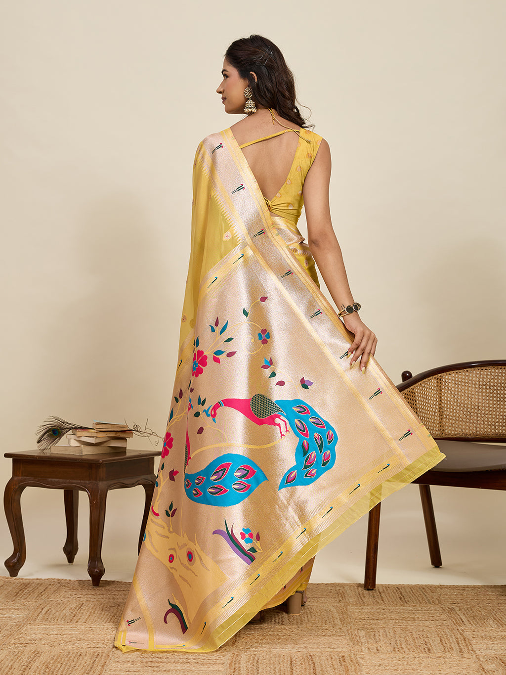 Fabrica Vibe Mustard Yellow Organza Silk Saree with Peacock Pallu & Zari Border