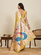 Fabrica Vibe Mustard Yellow Organza Silk Saree with Peacock Pallu & Zari Border
