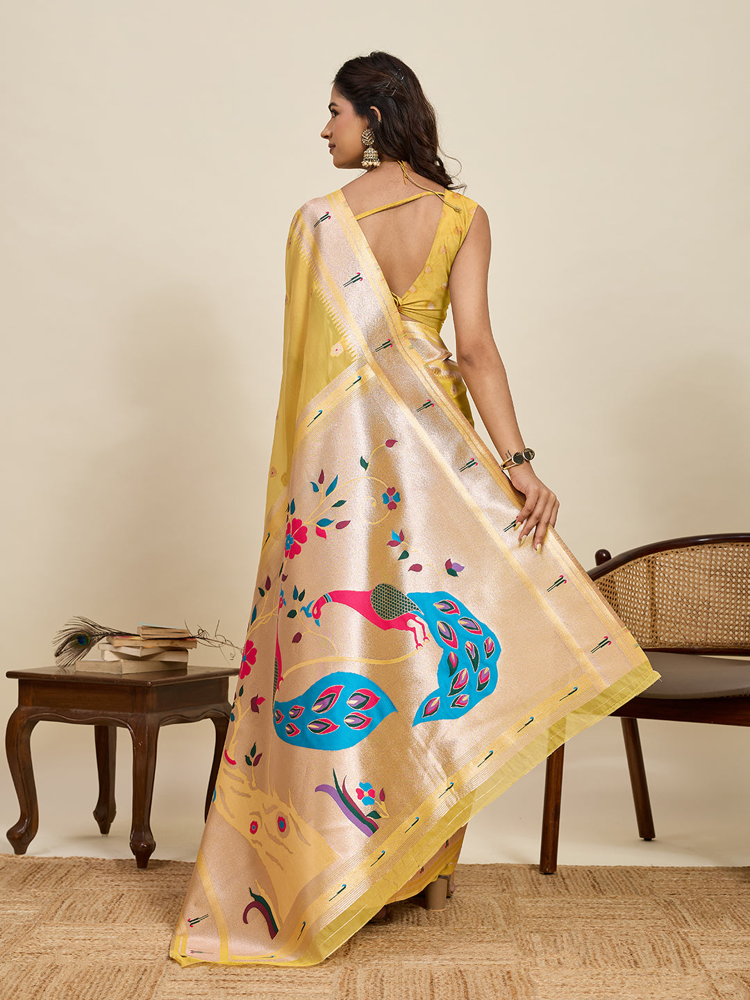 Fabrica Vibe Mustard Yellow Organza Silk Saree with Peacock Pallu & Zari Border