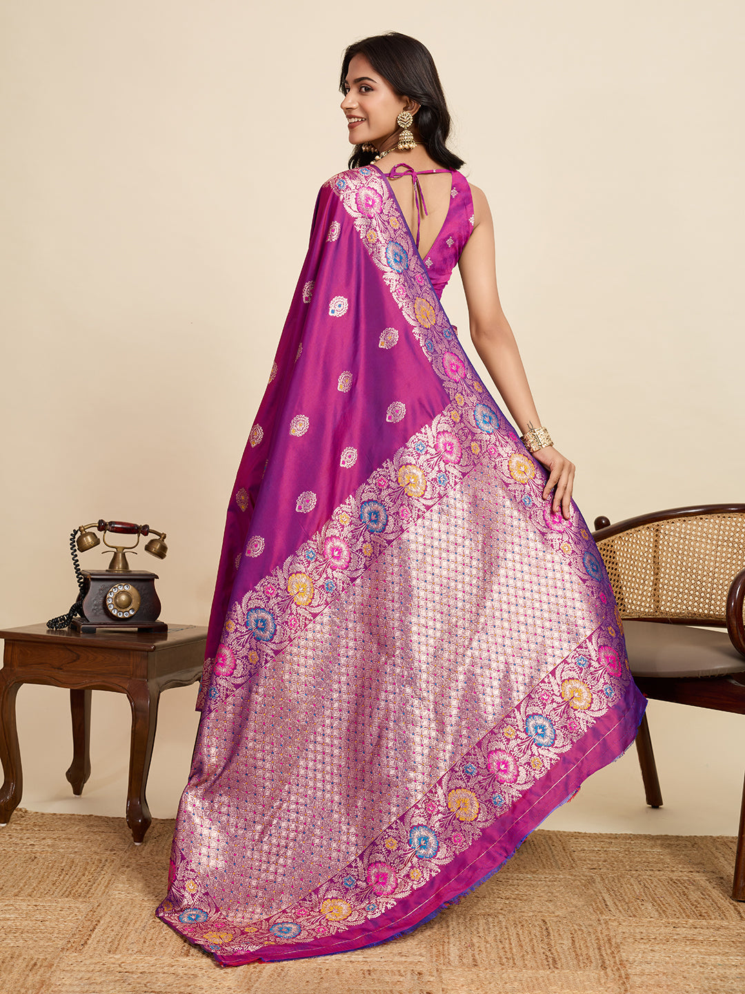 Fabrica Vibe Royal Purple Banarasi Silk Saree with Multicolor Floral Zari Border