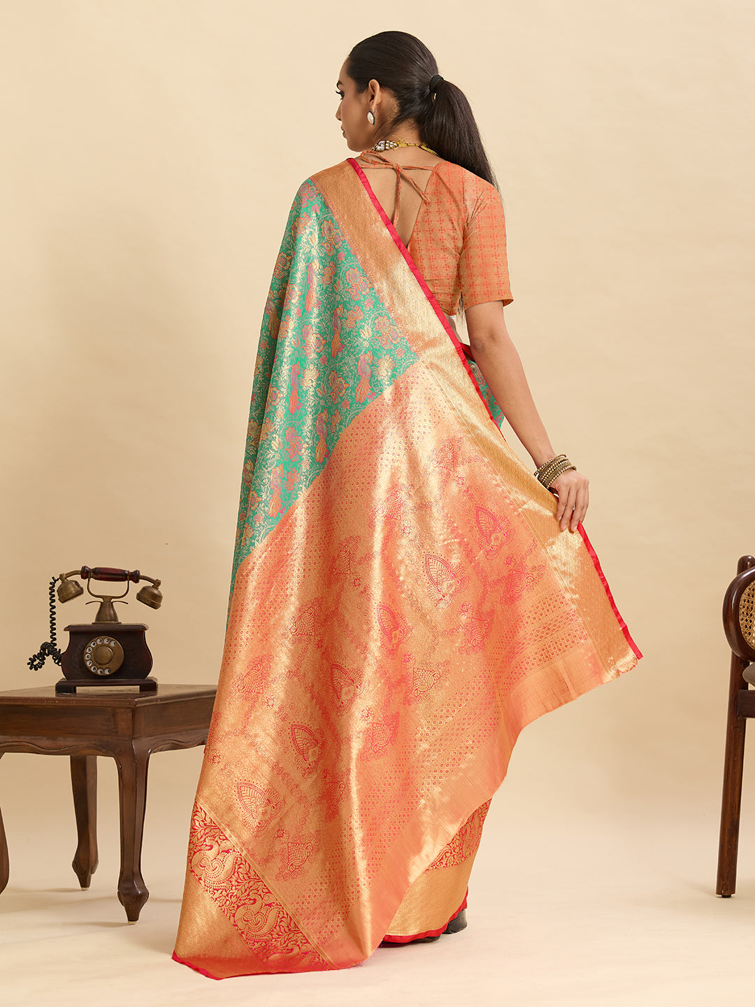 Fabrica Vibe Sea Green & Peach Banarasi Silk Blend Saree with Floral Zari Weaving
