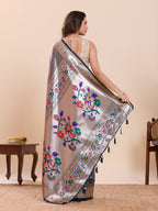 Fabrica Vibe Silver Paithani Art Silk Saree with Multicolor Floral Woven Pallu