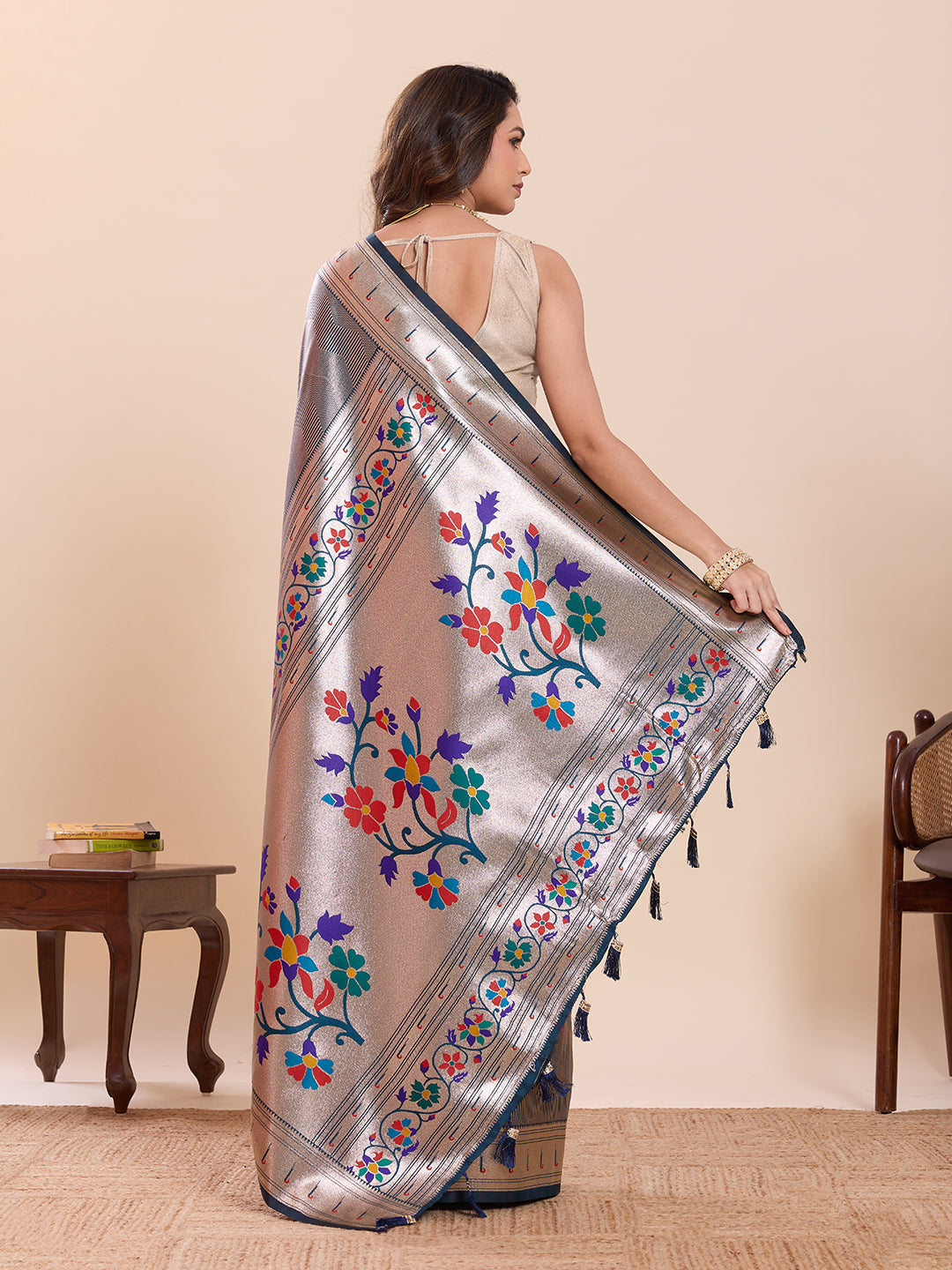 Fabrica Vibe Silver Paithani Art Silk Saree with Multicolor Floral Woven Pallu