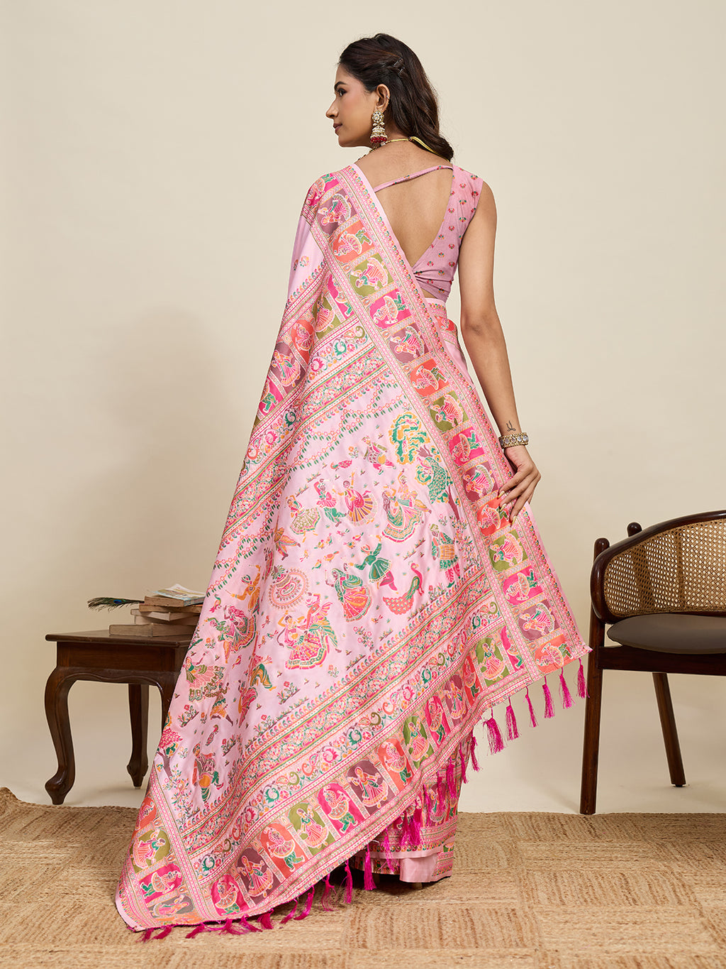 Fabrica Vibe Baby Pink Art Silk Folk Art Printed Saree with Peacock Motifs & Tassel Pallu