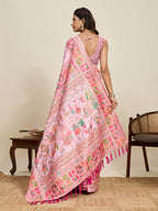 Fabrica Vibe Baby Pink Art Silk Folk Art Printed Saree with Peacock Motifs & Tassel Pallu