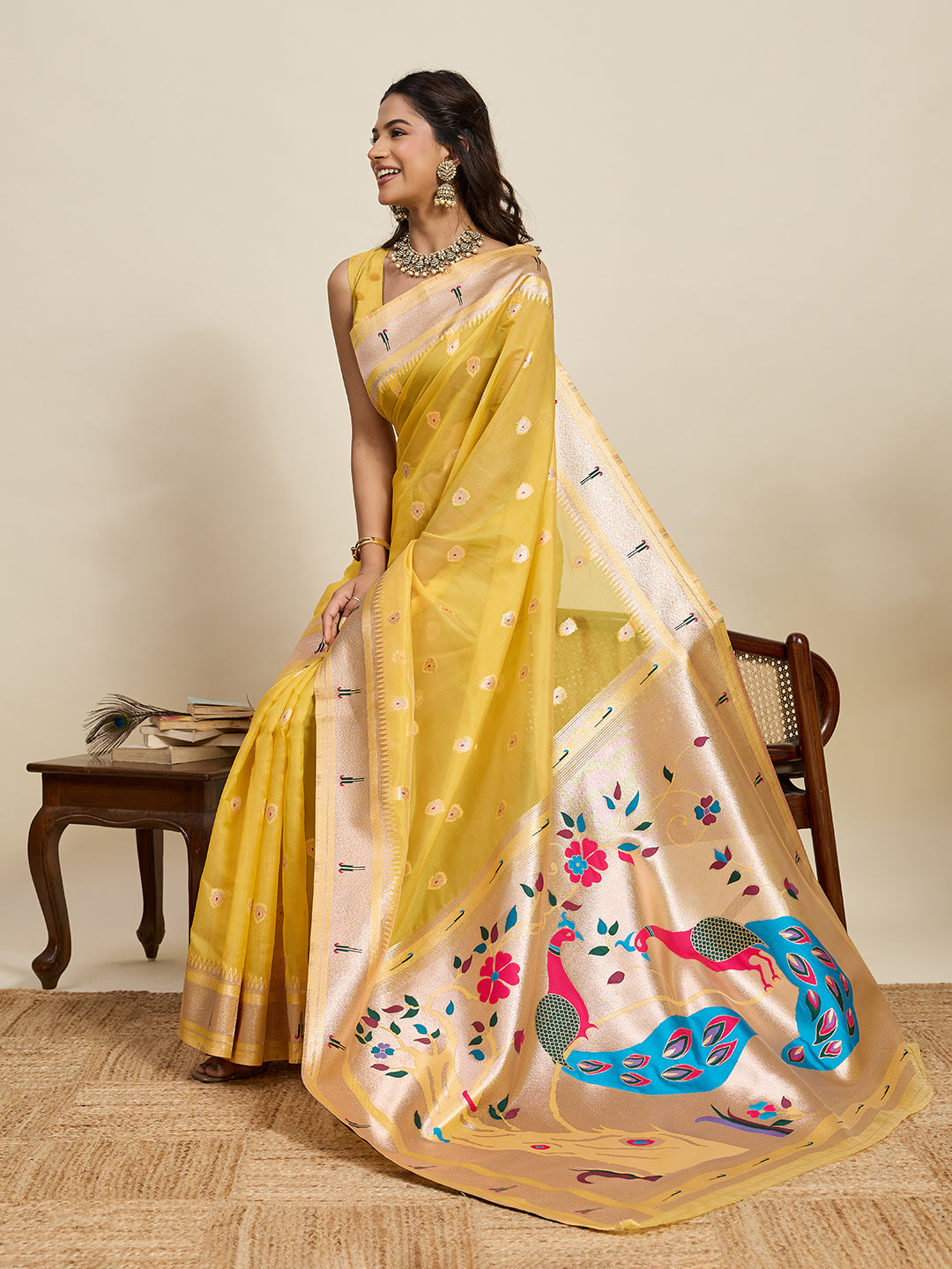 Fabrica Vibe Mustard Yellow Organza Silk Saree with Peacock Pallu & Zari Border
