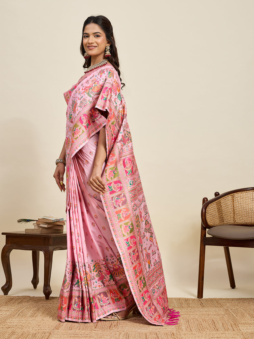 Fabrica Vibe Baby Pink Art Silk Folk Art Printed Saree with Peacock Motifs & Tassel Pallu