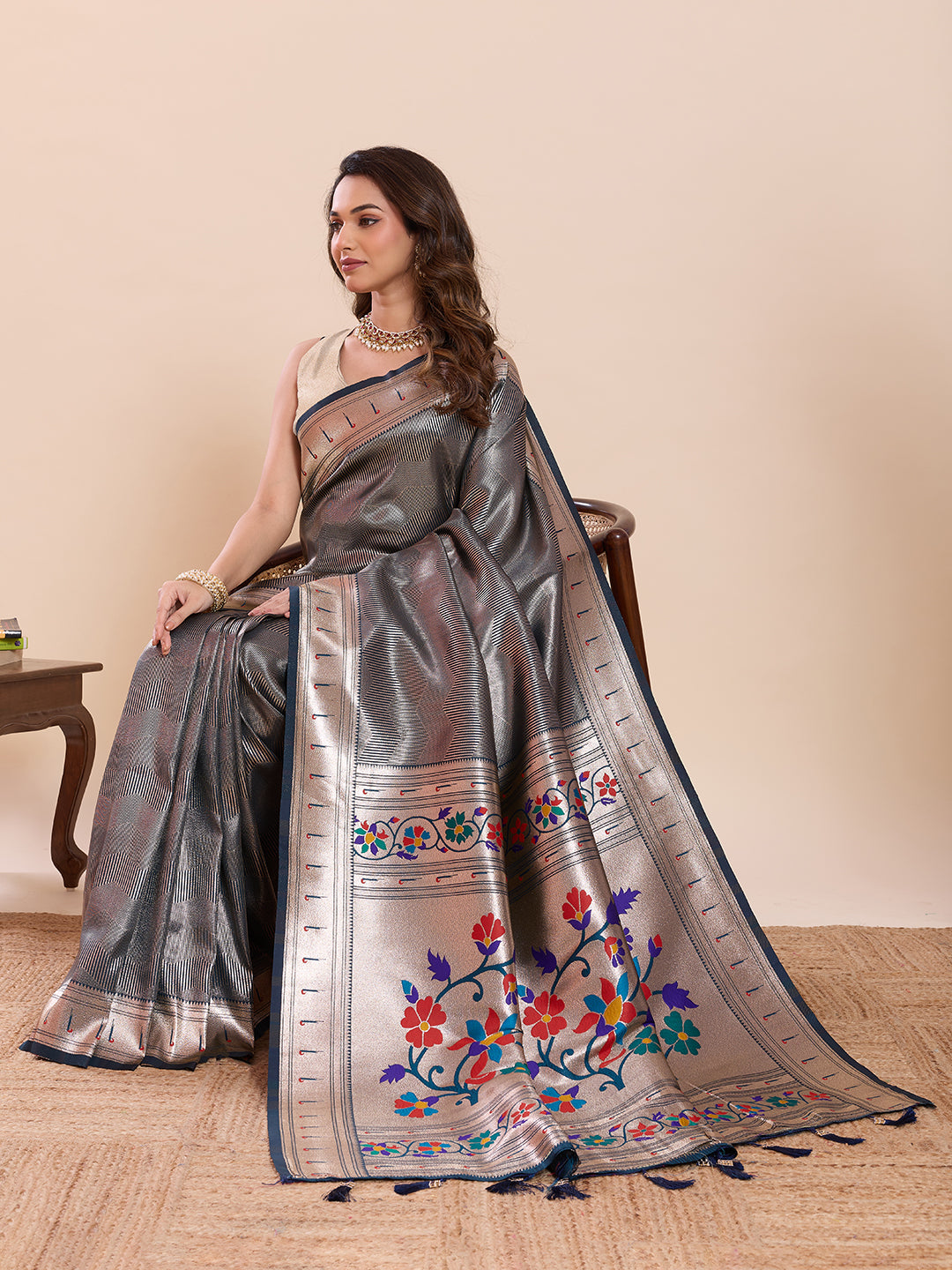Fabrica Vibe Silver Paithani Art Silk Saree with Multicolor Floral Woven Pallu