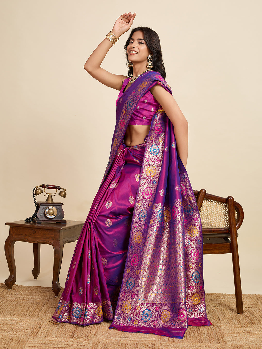 Fabrica Vibe Royal Purple Banarasi Silk Saree with Multicolor Floral Zari Border
