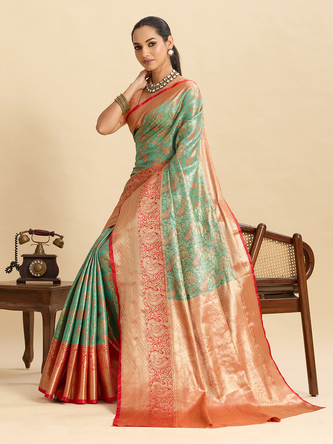 Fabrica Vibe Sea Green & Peach Banarasi Silk Blend Saree with Floral Zari Weaving