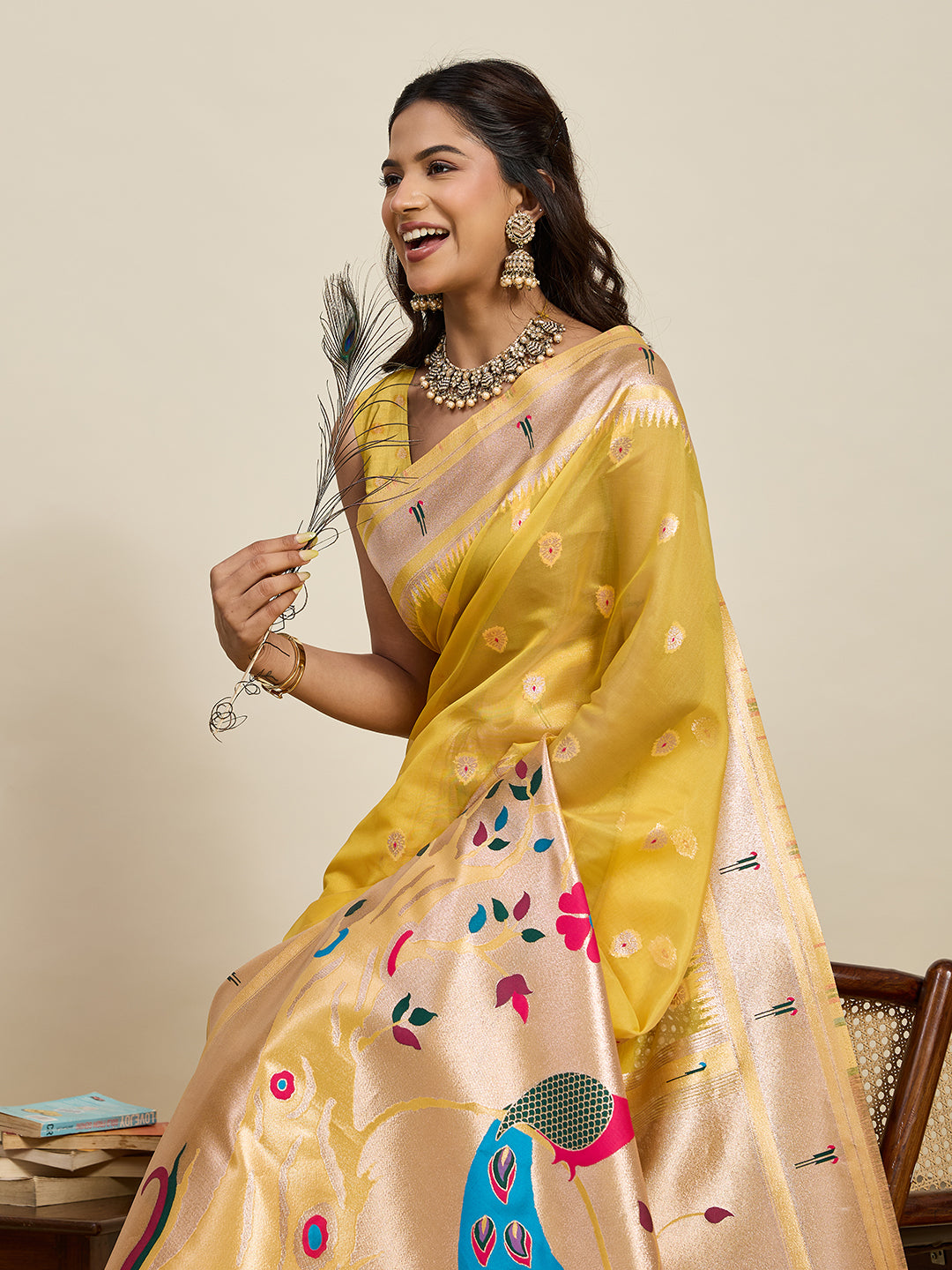 Fabrica Vibe Mustard Yellow Organza Silk Saree with Peacock Pallu & Zari Border