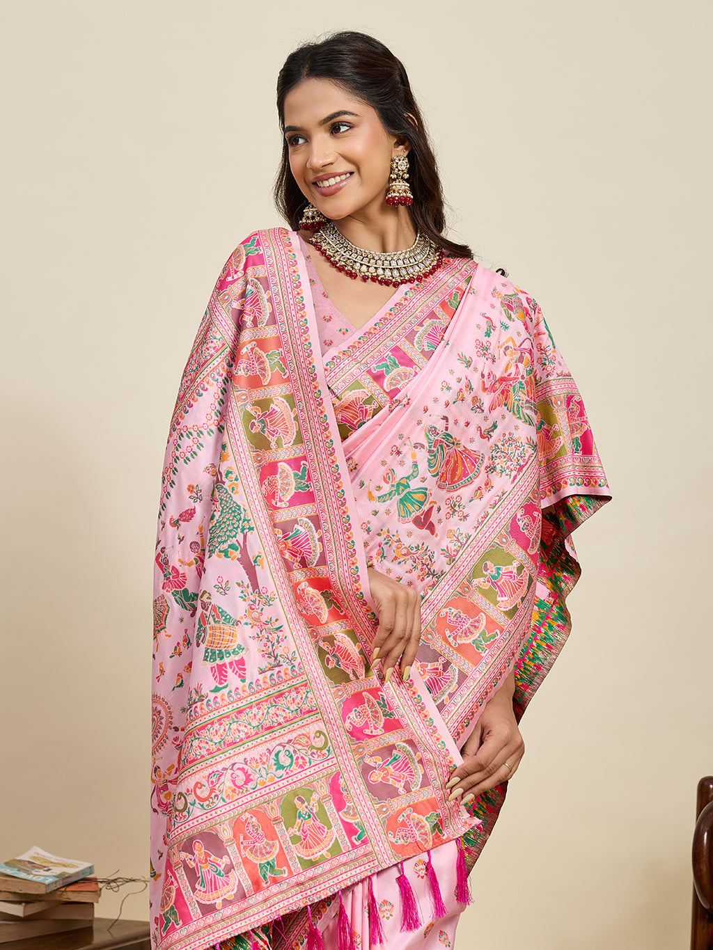 Fabrica Vibe Baby Pink Art Silk Folk Art Printed Saree with Peacock Motifs & Tassel Pallu