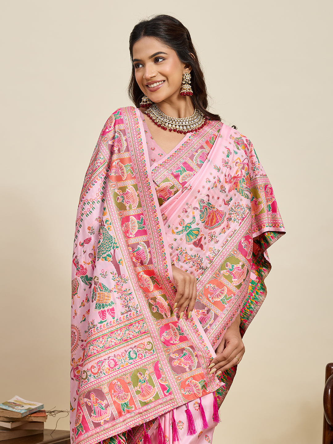 Fabrica Vibe Baby Pink Art Silk Folk Art Printed Saree with Peacock Motifs & Tassel Pallu