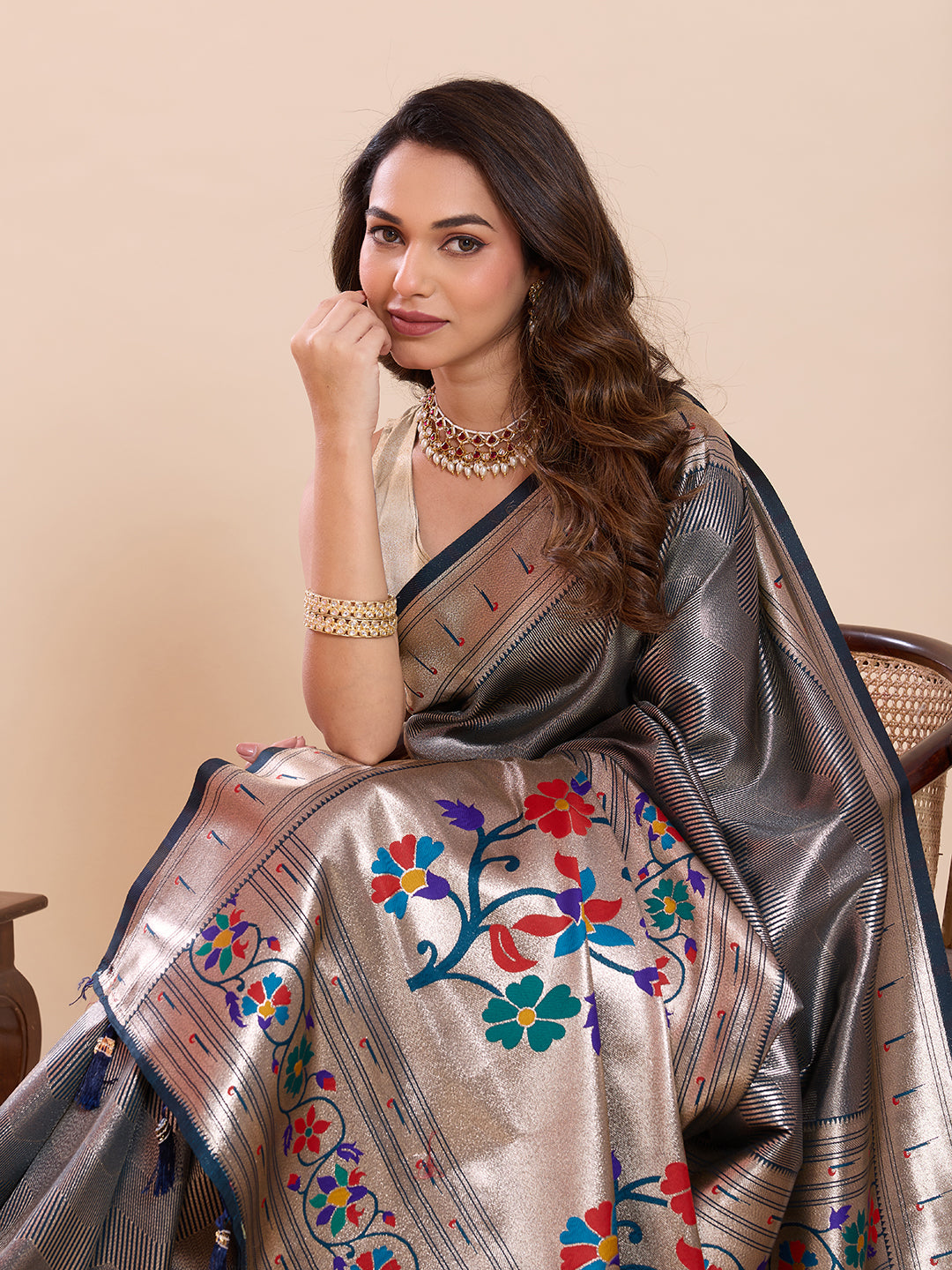 Fabrica Vibe Silver Paithani Art Silk Saree with Multicolor Floral Woven Pallu