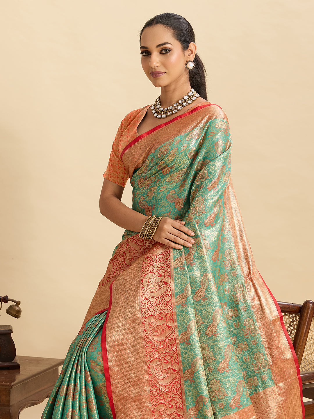 Fabrica Vibe Sea Green & Peach Banarasi Silk Blend Saree with Floral Zari Weaving