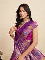 Fabrica Vibe Royal Purple Banarasi Silk Saree with Multicolor Floral Zari Border