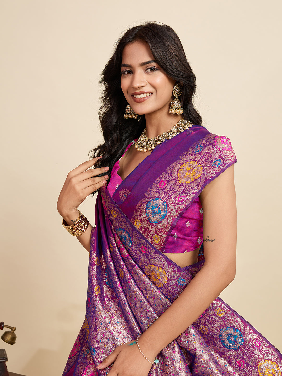 Fabrica Vibe Royal Purple Banarasi Silk Saree with Multicolor Floral Zari Border