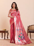 Fabrica Vibe Pink Paithani Art Silk Saree with Multicolor Floral Woven Pallu & Blouse Piece