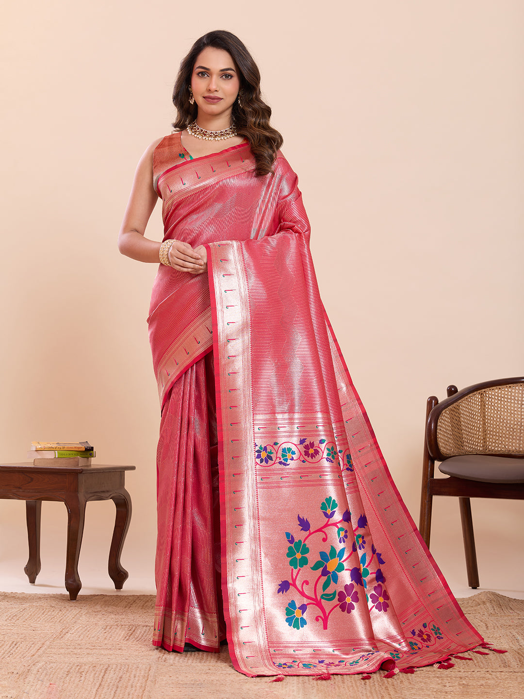 Fabrica Vibe Pink Paithani Art Silk Saree with Multicolor Floral Woven Pallu & Blouse Piece