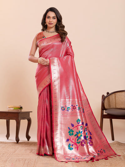 Fabrica Vibe Pink Paithani Art Silk Saree with Multicolor Floral Woven Pallu & Blouse Piece