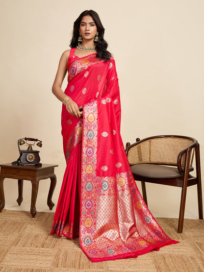 Fabrica Vibe Rani Pink Banarasi Silk Saree with Multicolor Floral Zari Weaving
