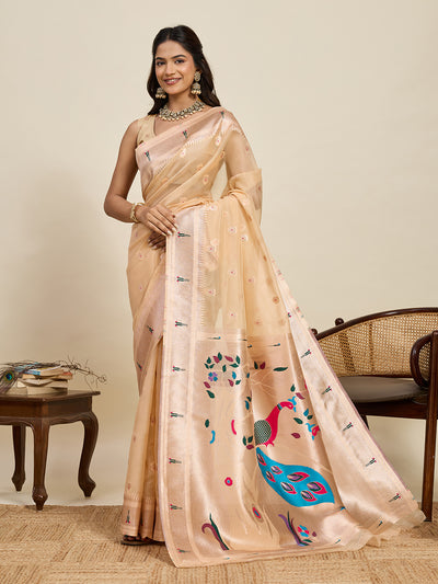 Fabrica Vibe Beige Organza Silk Saree with Peacock Pallu & Floral Woven Design