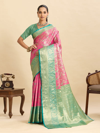 Fabrica Vibe Pink & Mint Green Banarasi Silk Blend Saree with Woven Zari Floral Design