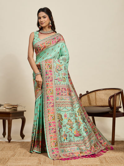 Fabrica Vibe Mint Green  Art Silk Saree with Traditional Folk & Peacock Motifs
