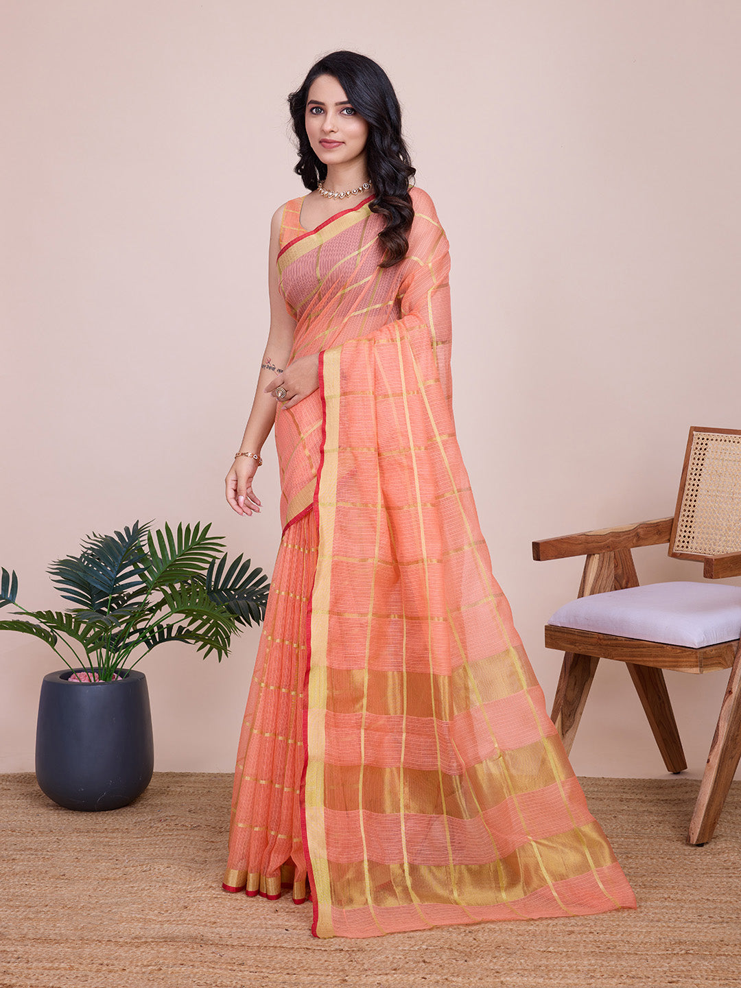 Fabrica Vibe Peach Handwoven Cotton Saree with Golden Checks & Contrast Border