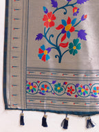 Fabrica Vibe Silver Paithani Art Silk Saree with Multicolor Floral Woven Pallu