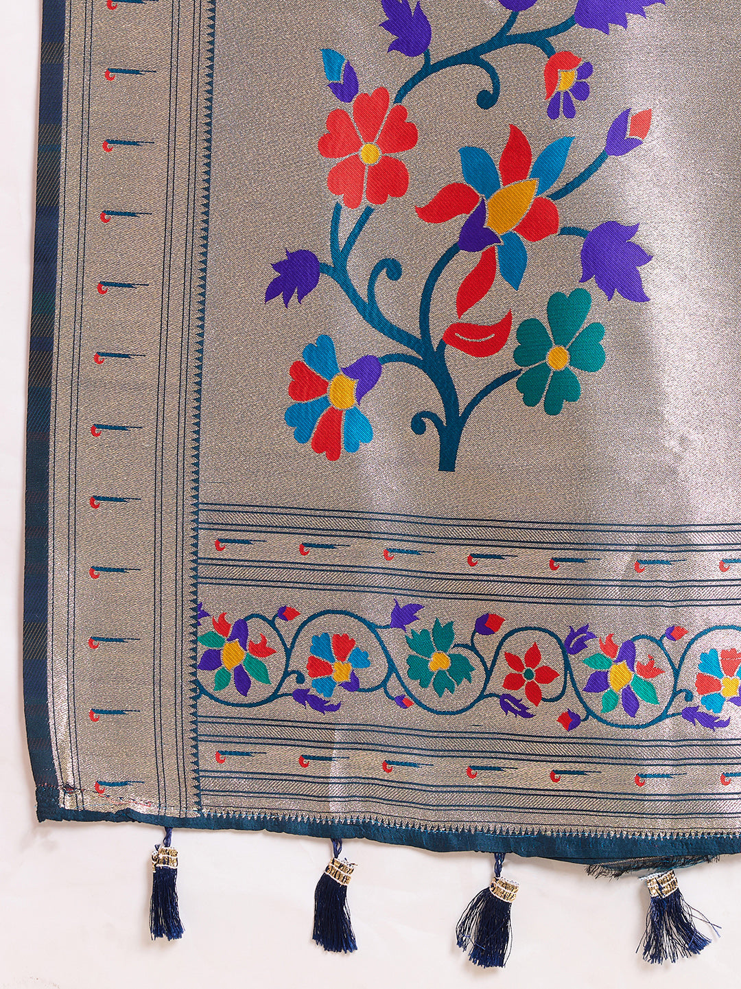 Fabrica Vibe Silver Paithani Art Silk Saree with Multicolor Floral Woven Pallu