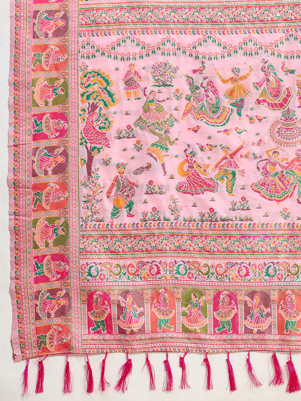 Fabrica Vibe Baby Pink Art Silk Folk Art Printed Saree with Peacock Motifs & Tassel Pallu