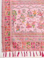 Fabrica Vibe Baby Pink Art Silk Folk Art Printed Saree with Peacock Motifs & Tassel Pallu