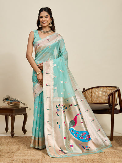 Fabrica Vibe Aqua Blue Organza Silk Saree with Peacock Motif Pallu & Zari Border