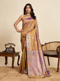 Fabrica Vibe Golden Mustard Banarasi Silk Saree with Multicolor Floral Zari Weaving